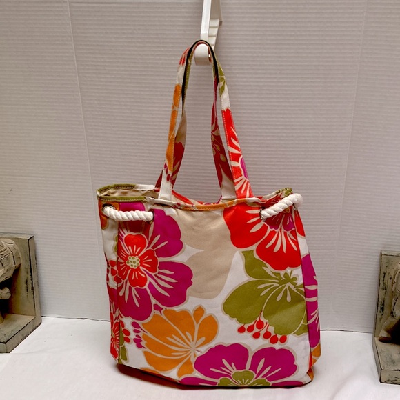 Hawaiian Floral Nautical Rope Tie with Handles Beach Tote Bag 13 x 13 x 3 inches - Picture 9 of 11